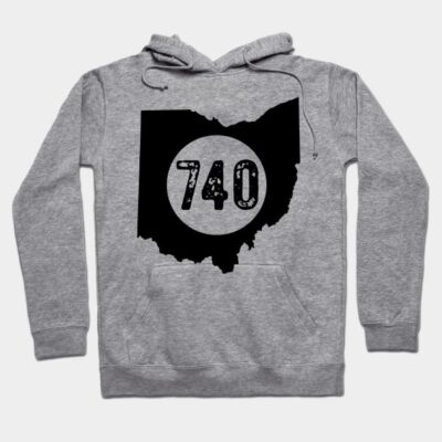Gray hoodie with Ohio map and "740" design, featuring a front pocket and drawstring hood, made from soft cotton blend.
