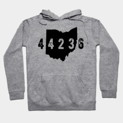 Gray hoodie with Ohio map and 44236 print, casual style, cotton blend, perfect for everyday wear.