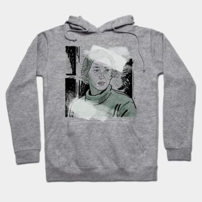 Gray hoodie with artistic face print, casual style, soft cotton material, perfect for everyday wear.