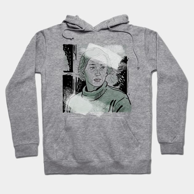 Gray hoodie with artistic face print, casual style, soft cotton material, perfect for everyday wear.