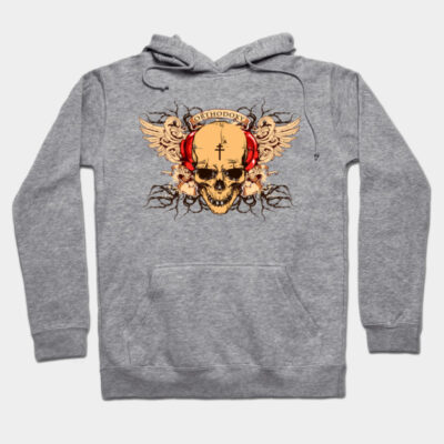 Gray hoodie with skull and wings graphic, pullover style, cotton material, casual wear, unisex design.