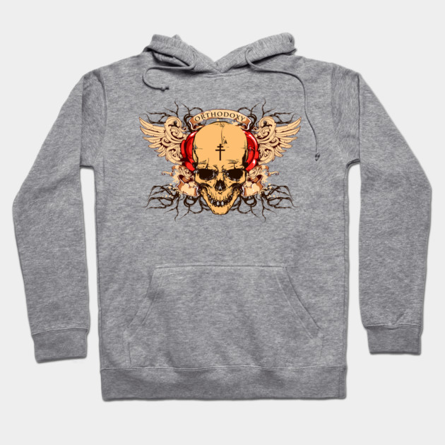 Gray hoodie with skull and wings graphic, pullover style, cotton material, casual wear, unisex design.