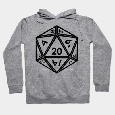Gray hoodie with black D20 dice graphic, perfect for tabletop gaming fans. Casual style, soft material, unisex design.