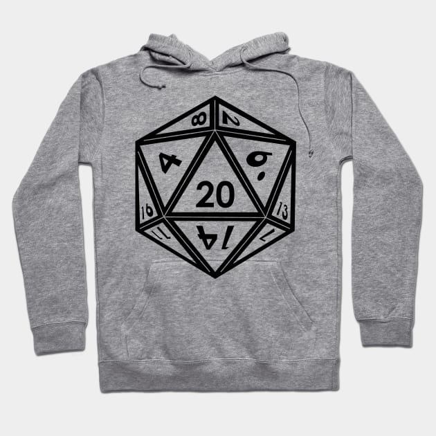 Gray hoodie with black D20 dice graphic, perfect for tabletop gaming fans. Casual style, soft material, unisex design.