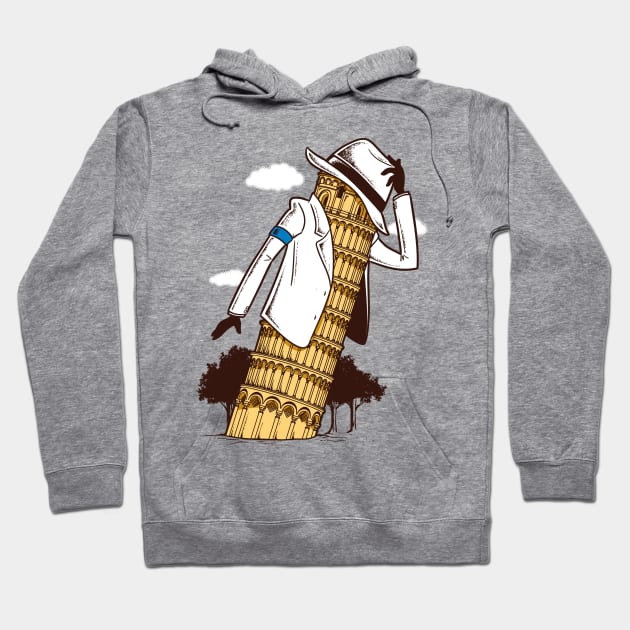Gray hoodie with leaning tower and suit illustration, playful design. Cozy and stylish, perfect for casual wear.