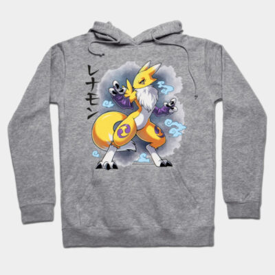 Gray hoodie with colorful anime creature design, featuring Japanese text. Perfect for casual wear and anime fans.