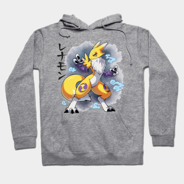 Gray hoodie with colorful anime creature design, featuring Japanese text. Perfect for casual wear and anime fans.