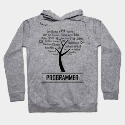 Gray programmer hoodie with code-themed graphic, ideal for tech enthusiasts, made from soft cotton blend for comfort.