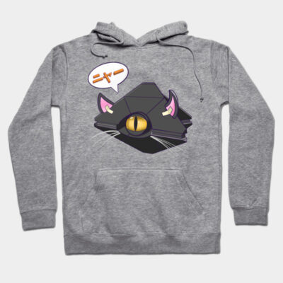 Gray hoodie with geometric cat design, yellow eye, and speech bubble. Casual wear, cozy and stylish cotton blend.
