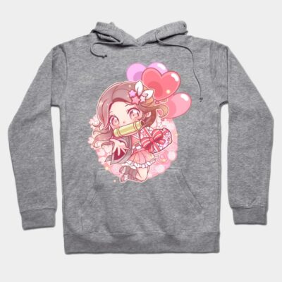 Gray hoodie with cute pink anime design, featuring hearts and flowers, ideal for casual wear, cotton blend material.