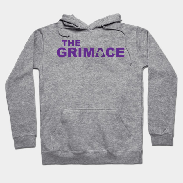 Gray "The Grimace" hoodie, featuring purple text, casual style, perfect for everyday wear. Soft and comfortable material.
