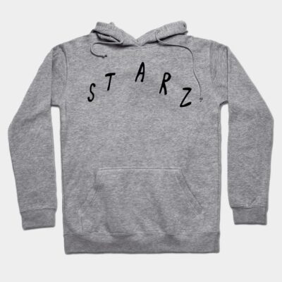 Gray hoodie with "STARZ" text, casual style, soft fabric, front pocket, drawstring hood, perfect for everyday wear.