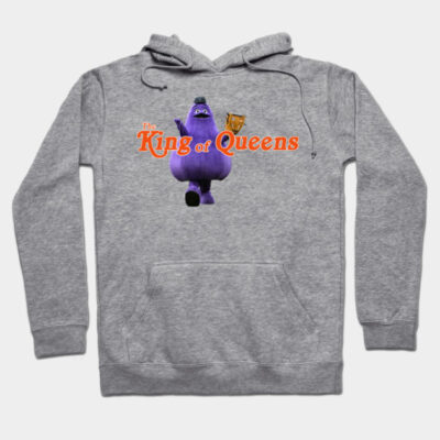Gray hoodie with "King of Queens" graphic, featuring a purple cartoon character. Casual wear, cotton blend material.