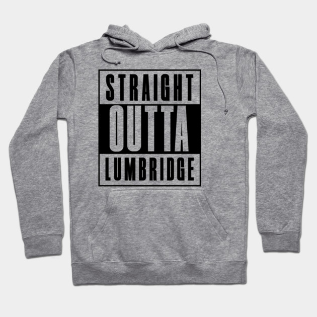 Gray hoodie with "Straight Outta Lumbridge" design, casual style, soft material, unisex, perfect for gaming fans.
