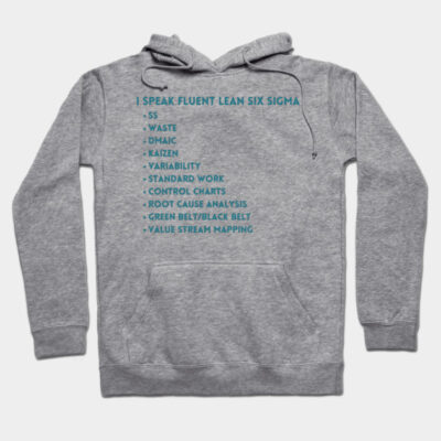 Gray hoodie with "I Speak Fluent Lean Six Sigma" text, ideal for casual wear, made from soft cotton blend.