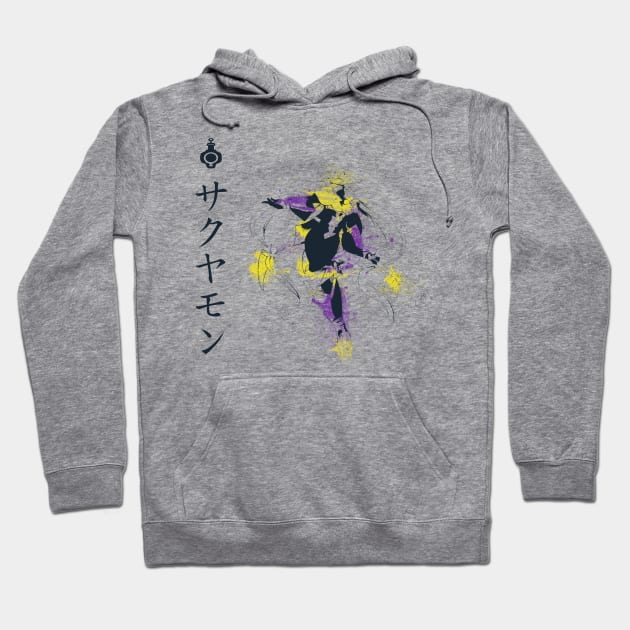 Gray hoodie with colorful abstract design and Japanese text, perfect for casual wear. Cotton blend, unisex style.