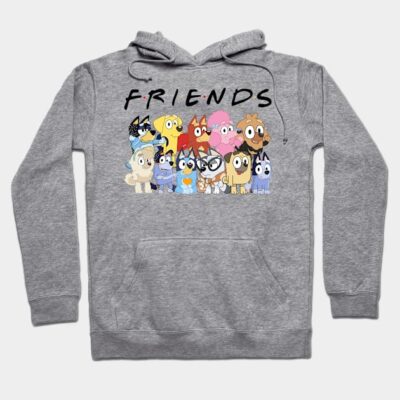 Gray cartoon character hoodie, "Friends" text, casual wear, soft fabric, unisex style, perfect for cool weather.