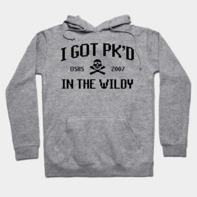 Gray gaming-themed hoodie with "I Got PK'd in the Wildy" text, casual style, cotton material, unisex sweatshirt.