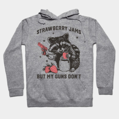 Gray hoodie with humorous raccoon graphic and "Strawberry Jams" text, casual style, cotton blend material.