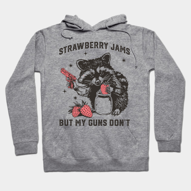 Gray hoodie with humorous raccoon graphic and "Strawberry Jams" text, casual style, cotton blend material.