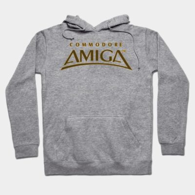 Gray hoodie with "Commodore Amiga" logo, casual style, soft cotton blend, unisex, perfect for everyday wear.
