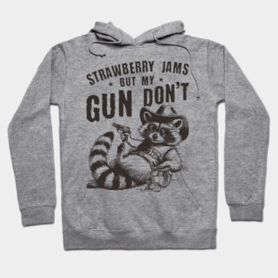 Gray hoodie with raccoon graphic and "Strawberry Jams" text, casual style, cotton material, ideal for everyday wear.