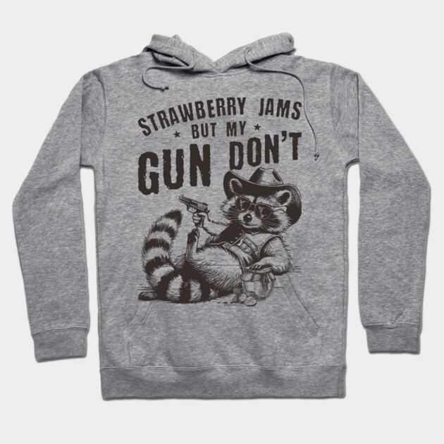 Gray hoodie with raccoon graphic and "Strawberry Jams" text, casual style, cotton material, ideal for everyday wear.