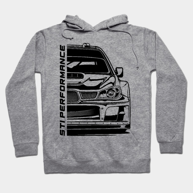 Gray hoodie with car graphic design and "STI Performance" text, casual style, ideal for car enthusiasts.