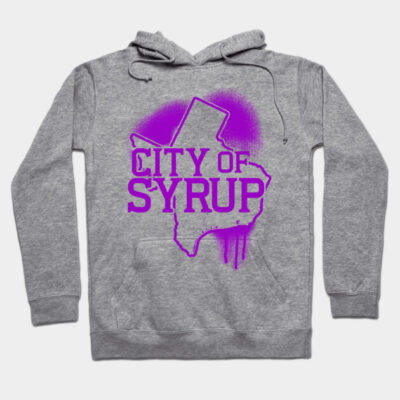 Gray hoodie with purple "City of Syrup" graphic, casual style, cotton blend material, ideal for everyday wear.