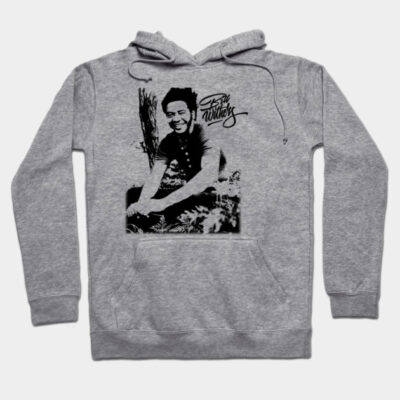 Gray hoodie with graphic print, featuring drawstring hood and front pocket, made from cozy cotton blend for casual wear.