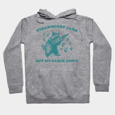 Gray hoodie with playful raccoon and strawberry print, text "Strawberry Jams," casual cotton blend for everyday wear.