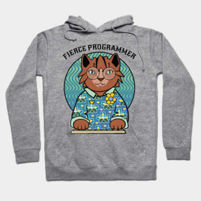 Gray hoodie with "Fierce Programmer" cat design, floral sweater, ideal for casual wear, cozy cotton blend material.