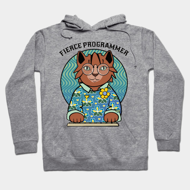 Gray hoodie with "Fierce Programmer" cat design, floral sweater, ideal for casual wear, cozy cotton blend material.