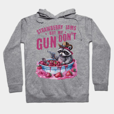 Gray hoodie with playful raccoon and strawberries design, text "Strawberry Jams" in pink. Fun, casual wear.
