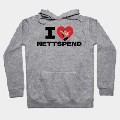 Gray hoodie with "I Love Nettspend" graphic text, featuring a heart design. Cozy cotton blend, casual wear.