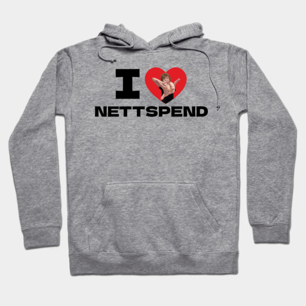 Gray hoodie with "I Love Nettspend" graphic text, featuring a heart design. Cozy cotton blend, casual wear.