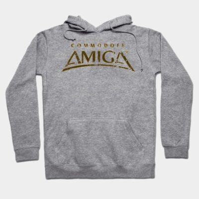 Gray hoodie with vintage-style "Commodore Amiga" logo, comfortable cotton blend, perfect for casual wear.