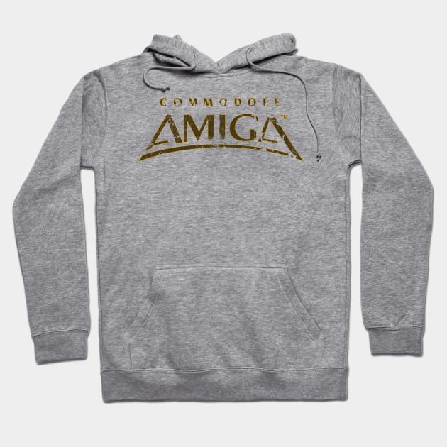 Gray hoodie with vintage-style "Commodore Amiga" logo, comfortable cotton blend, perfect for casual wear.
