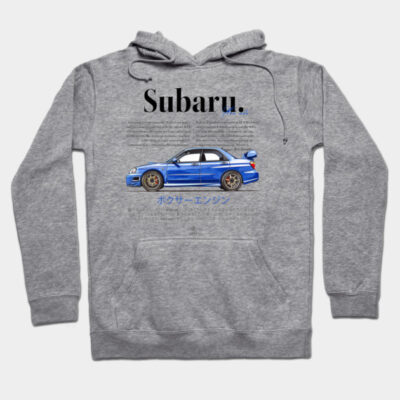 Gray hoodie featuring blue car graphic and text, casual style, cotton blend, ideal for car enthusiasts and everyday wear.