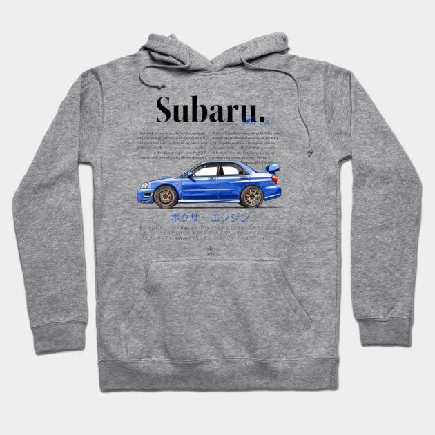 Gray hoodie featuring blue car graphic and text, casual style, cotton blend, ideal for car enthusiasts and everyday wear.