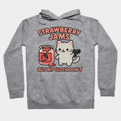 Gray hoodie with cute cat and jam jar graphic, text "Strawberry Jams", casual style, cotton material.