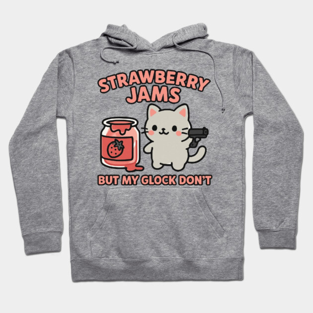 Gray hoodie with cute cat and jam jar graphic, text "Strawberry Jams", casual style, cotton material.