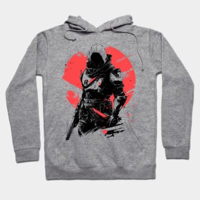 Gray hoodie with abstract warrior graphic, red circular background, casual streetwear style, soft cotton blend fabric.