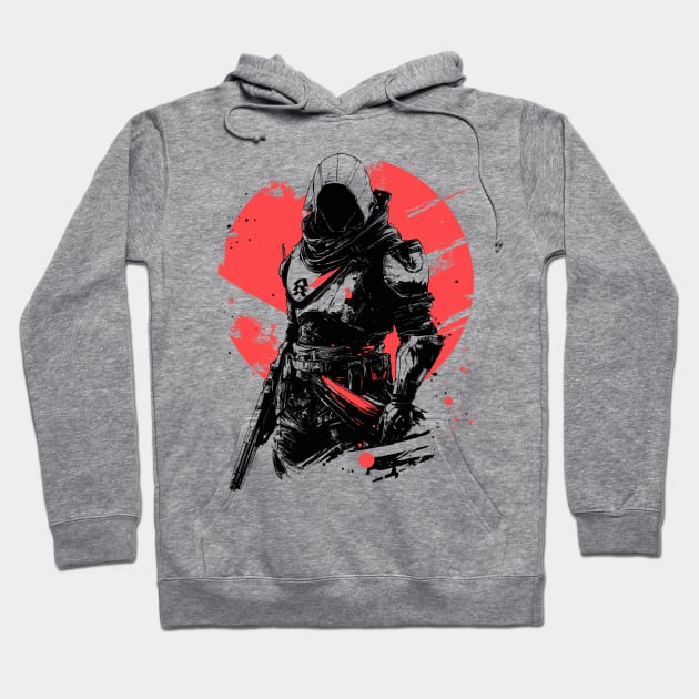 Gray hoodie with abstract warrior graphic, red circular background, casual streetwear style, soft cotton blend fabric.