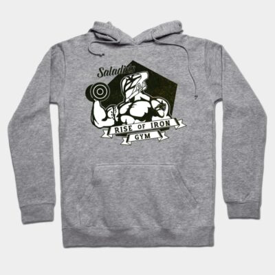 Gray hoodie with "Rise of Iron Gym" graphic, featuring a muscular figure lifting a dumbbell, perfect for workouts.