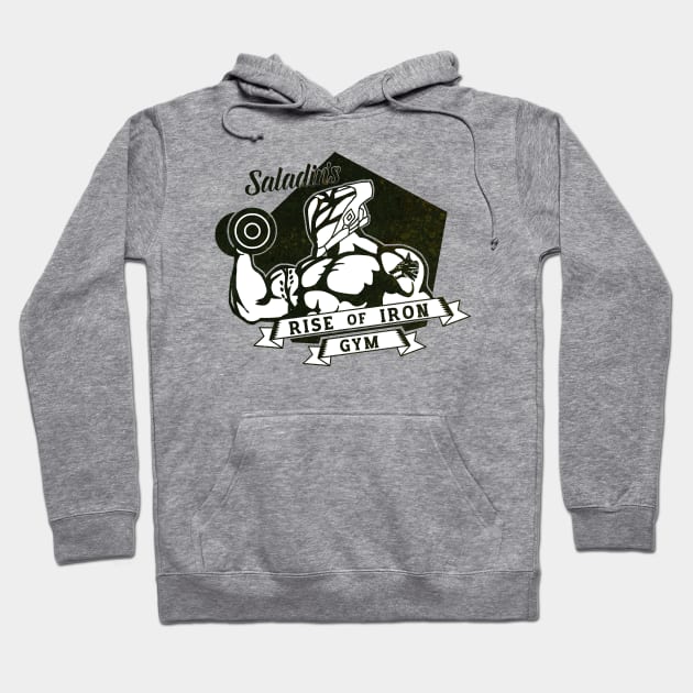 Gray hoodie with "Rise of Iron Gym" graphic, featuring a muscular figure lifting a dumbbell, perfect for workouts.