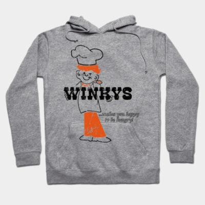 Gray Winkys hoodie with playful chef design, orange accents, cozy cotton blend, ideal for casual wear.