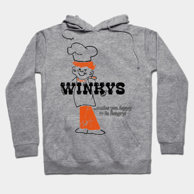 Gray Winkys hoodie with playful chef design, orange accents, cozy cotton blend, ideal for casual wear.