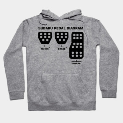 Gray hoodie with "Subaru Pedal Diagram" graphic, casual style, cotton blend, ideal for car enthusiasts.