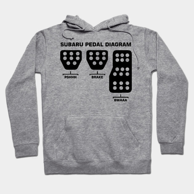 Gray hoodie with "Subaru Pedal Diagram" graphic, casual style, cotton blend, ideal for car enthusiasts.